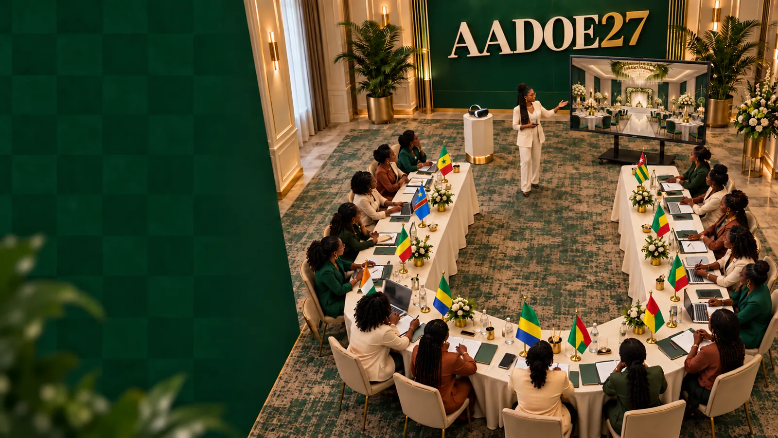 Masterclass et remise des diplômes AADOE27, avec les drapeaux de toutes les délégations panafricaines